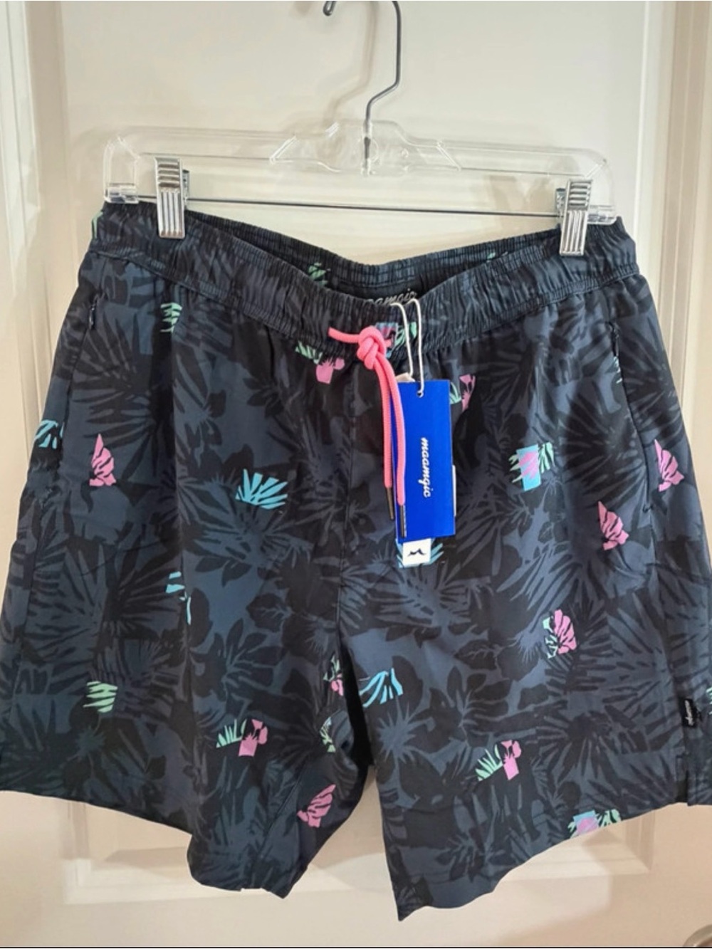 Men's Dark Gray Tropical Swim Trunks with Pink Drawstring